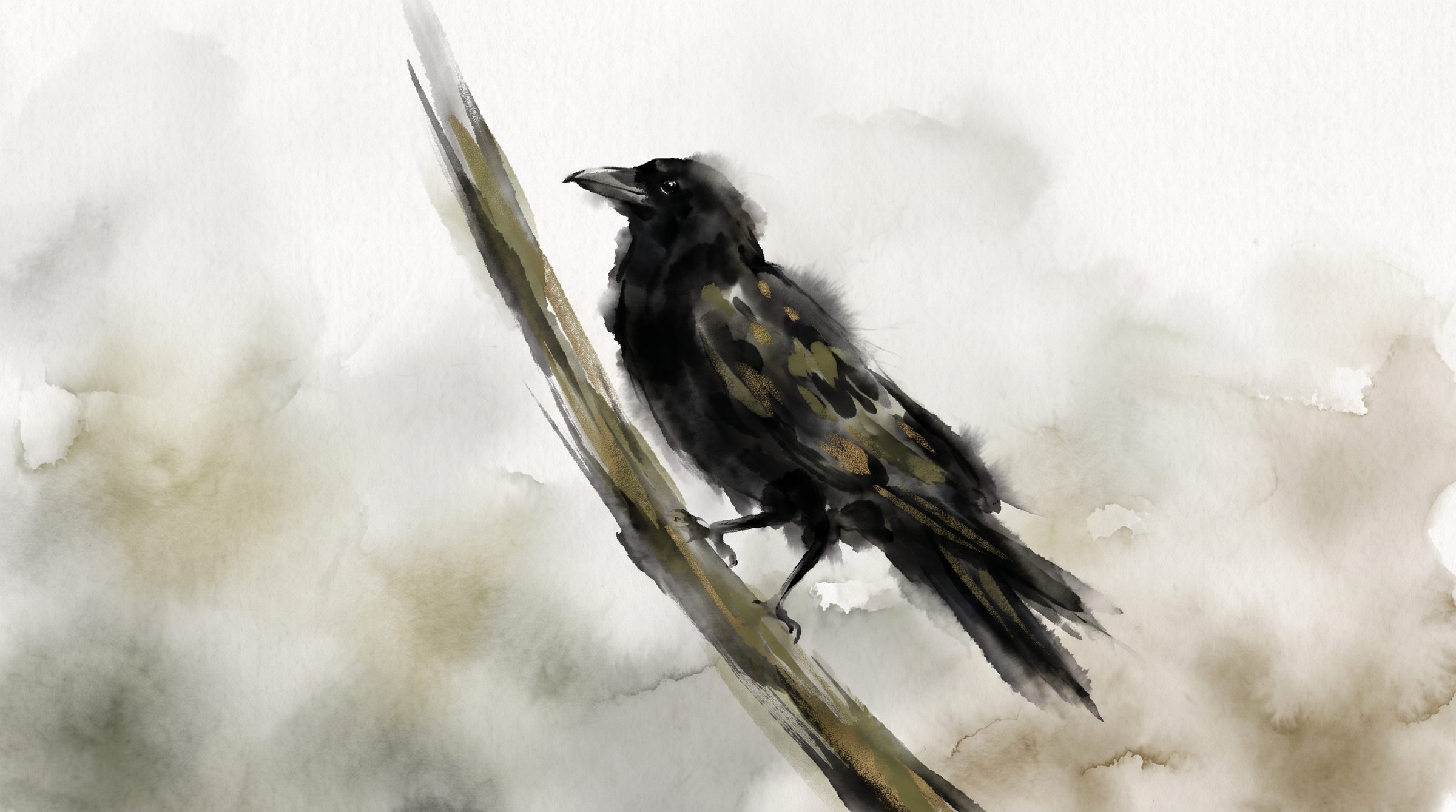 Stylized crow perched on a branch in ink and gold wash